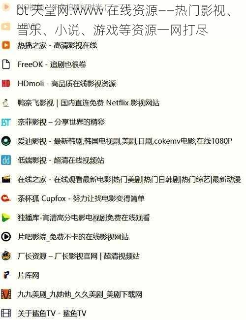 bt 天堂网.www 在线资源——热门影视、音乐、小说、游戏等资源一网打尽