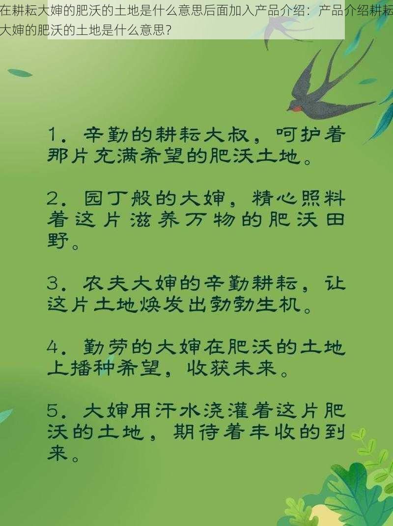 在耕耘大婶的肥沃的土地是什么意思后面加入产品介绍：产品介绍耕耘大婶的肥沃的土地是什么意思？